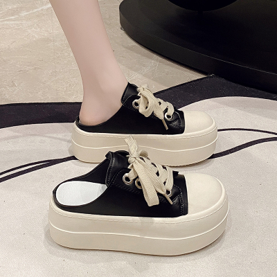 潮流半拖小白鞋女2025新款增高厚底6CM夏季百搭时尚一脚蹬休闲鞋