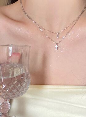 十字架水滴吊坠双层项链女高级感轻奢小众时尚甜酷配饰叠戴锁骨链