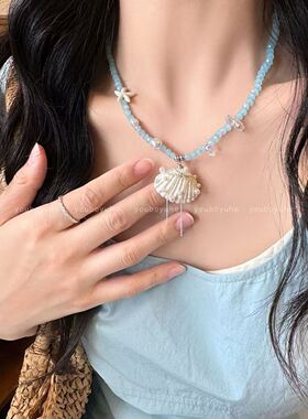 海岸沙滩氛围感彩色串珠锁骨链女手工贝壳项链小众度假风网红颈链