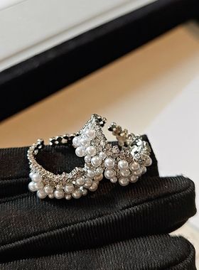 清冷感法式珍珠重工宽面戒指高级设计感韩系精致开口可调节食指戒