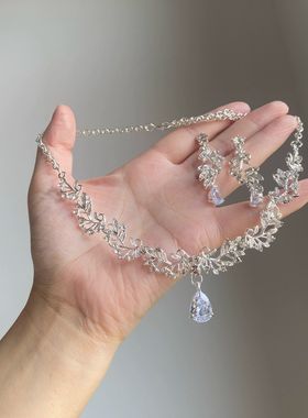 「滴雨泪珠」宫廷风爆闪水滴蕾丝项链清冷感锁骨链女轻奢耳钉颈链