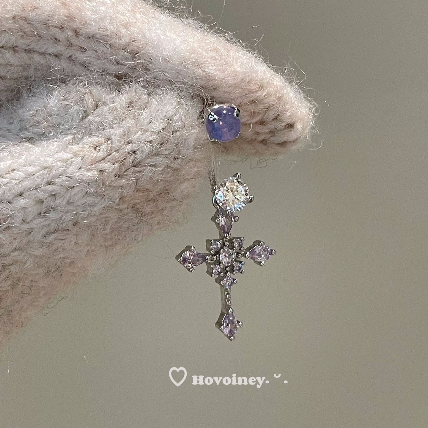 Hovoiney清透紫色十字架耳环吊坠马蹄环个性独特耳骨环耳钉女