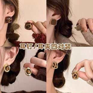 复古红色豹纹方形耳钉2025秋冬新款时尚百搭气质高级感无耳洞耳夹