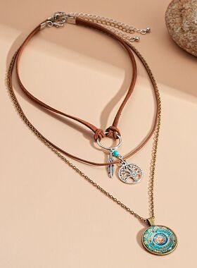 波西米亚复古民族羽毛吊坠生命之环项链甜酷辣妹配饰层叠锁骨夸张