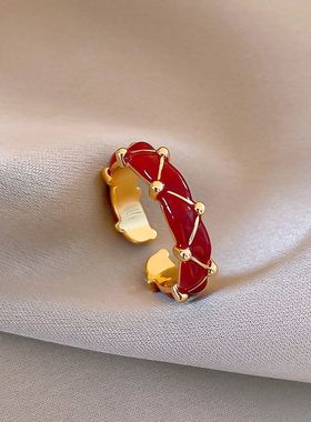 轻奢镶锆石竹节褶皱开口戒指复古宫廷风气质高级感个性百搭指环女