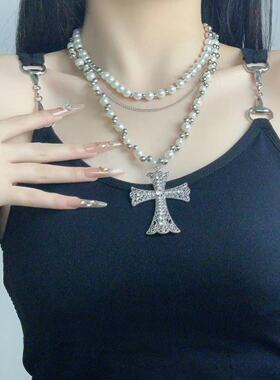 珍珠十字架项链女长款多层叠戴小众卫衣链哥特亚比配饰