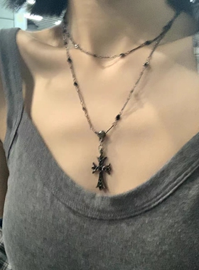 合金亚克力项链 十字架串珠项链夏双层叠戴脖颈链小众轻奢项链