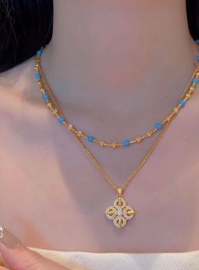 双层叠戴金刚杵串珠项链女款2025新款蓝色串珠锁骨毛衣颈链