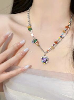 彩色滴釉爱心项链女2023新款小众甜酷辣妹风锁骨链高级感爆款颈链