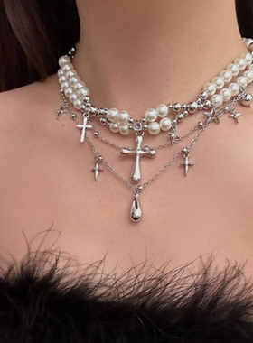 多层叠戴十字架珍珠项链女y2k辣妹高级感锁骨链chocker配饰毛衣链