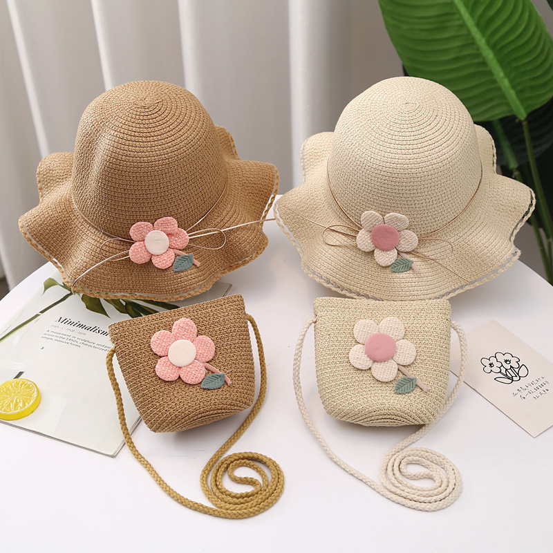儿童遮阳帽子女童夏天草帽零钱包包宝宝防晒海边沙滩帽太阳渔夫帽