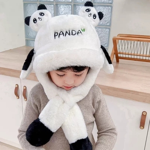 儿童冬季帽子男童围巾一体帽冬天宝宝毛绒帽加厚保暖可爱熊猫男孩