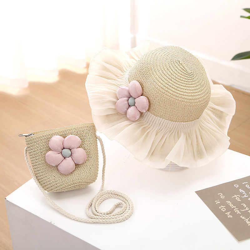 沙滩防晒帽子女童夏天海边亲子遮阳草帽宝宝小女孩儿童大檐公主帽