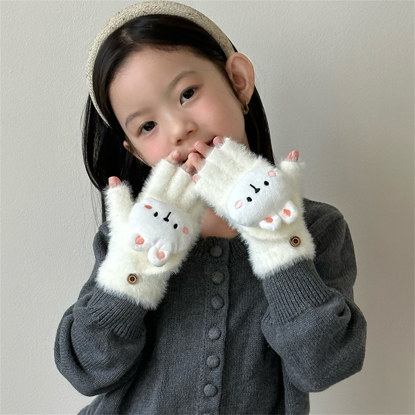 儿童毛绒手套冬季保暖翻盖半指