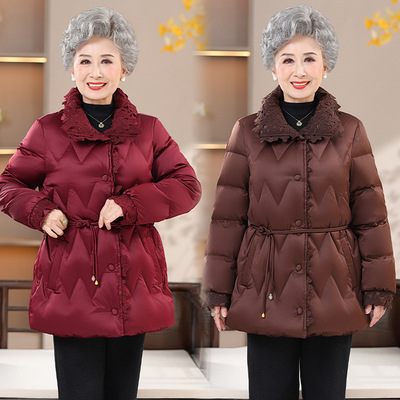 妈妈短款羽绒服冬季女款2025新款中老年抽绳收腰花边保暖奶奶外套