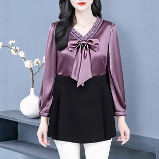 2025秋冬新款绸缎轻奢高档蝴蝶结贵妇长袖大码衬衫胖妈妈休闲上衣