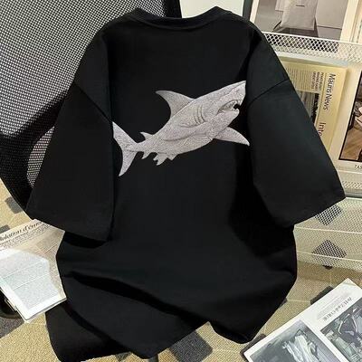 男女童美式炸街鲨鱼印花短袖T恤夏季中大童新款宽松纯棉半袖上衣