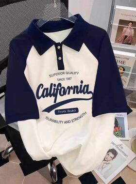 女童美式polo领宽松纯棉t恤中大童夏季oversize短袖洋气学生上衣