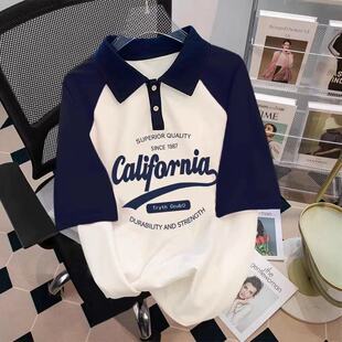女童美式polo领宽松纯棉t恤中大童夏季oversize短袖洋气学生上衣