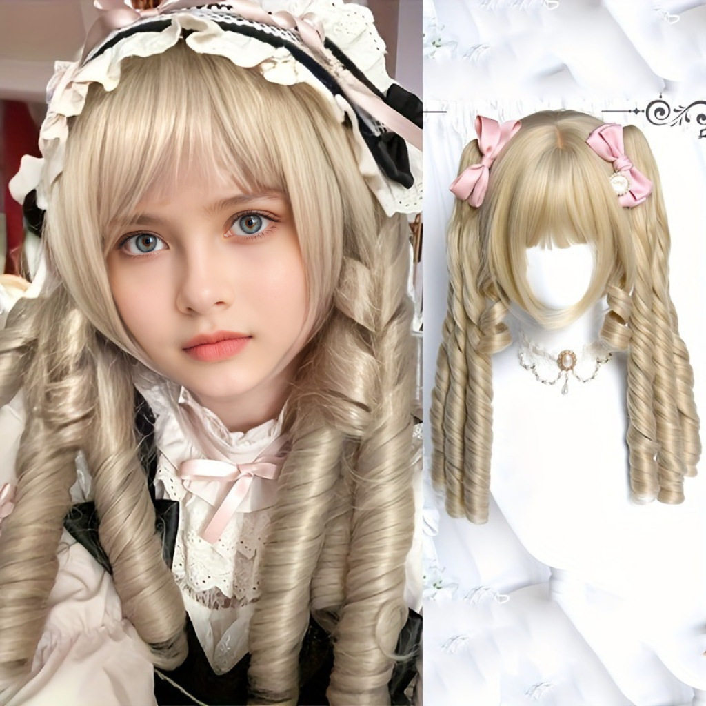 lolita长卷发假发金米色优雅复古罗马卷虎嘴夹马尾女士洛丽塔假发