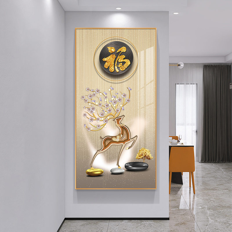 福鹿入户玄关装饰画现代轻奢高级感大气墙壁画走廊过道挂画正对门图片