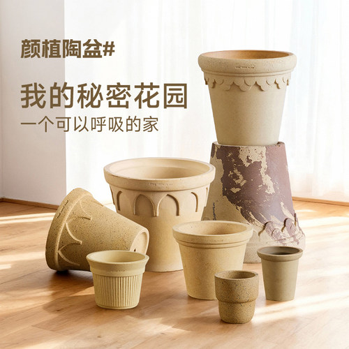 虹越颜植天然陶土创意花盆摆件客厅桌面粗陶装饰种花神器家用陶瓷