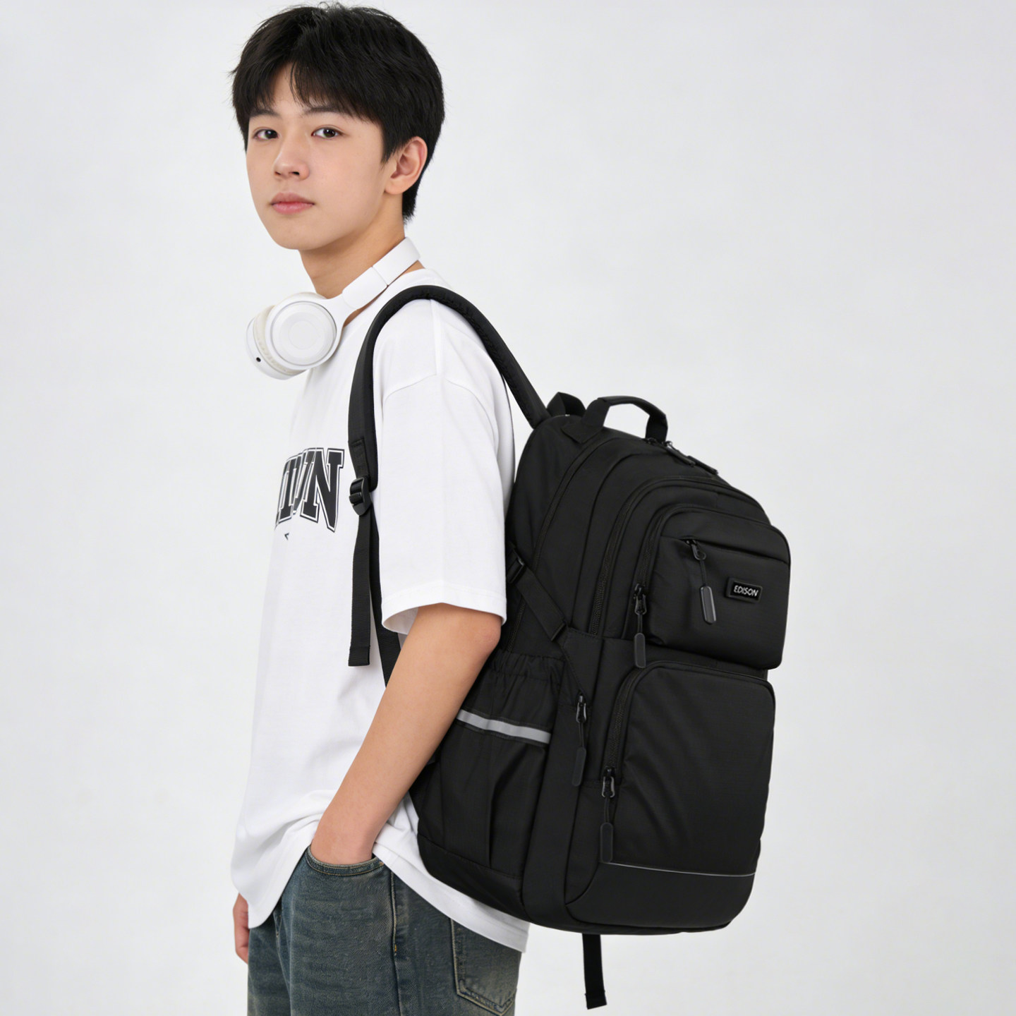 Edison爱迪生高中生书包轻便护脊减负大容量反光背包防泼水双肩包