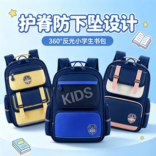爱迪生护脊防下坠反光小学生书包
