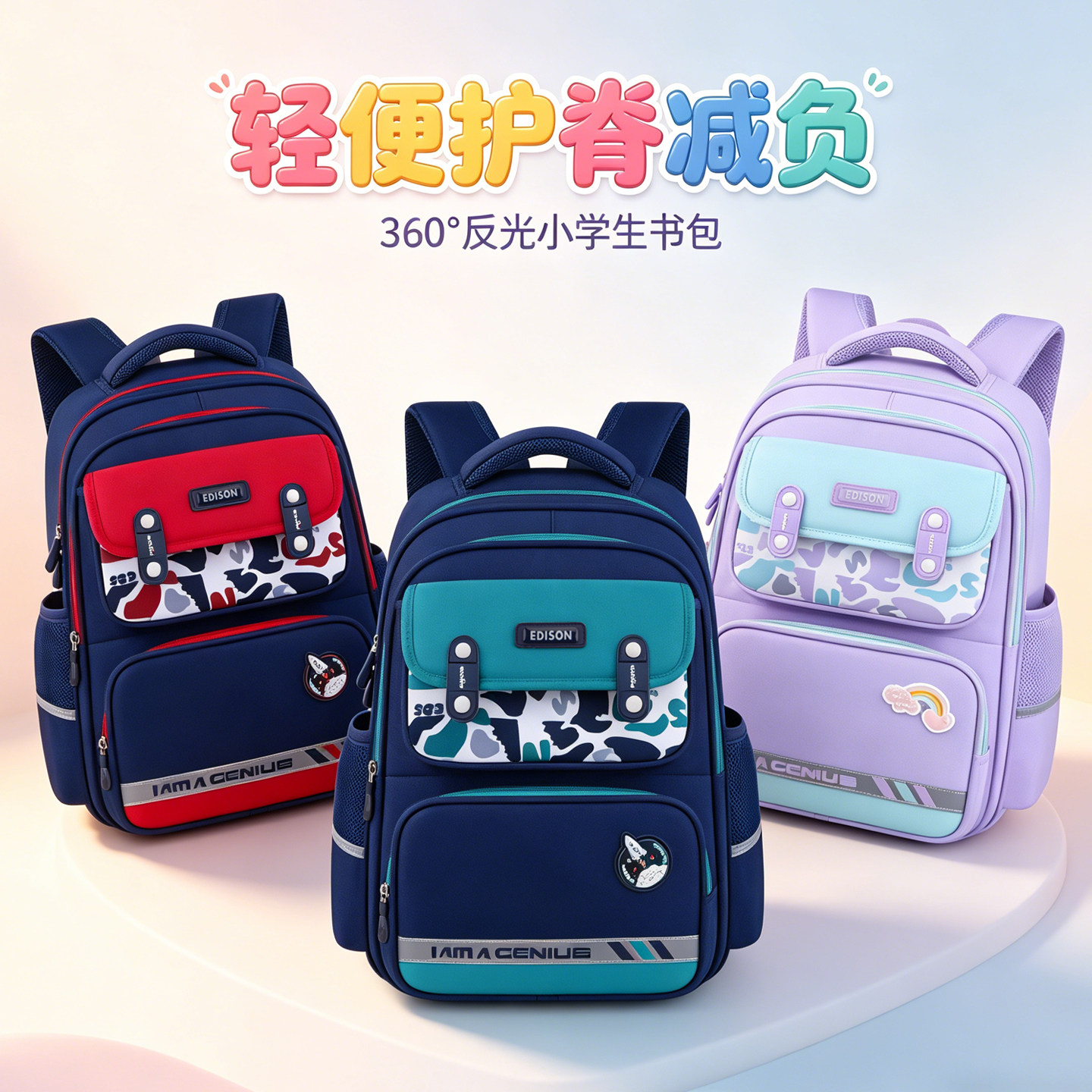 爱迪生小学生书包轻便护脊减负反光大容量防泼水迷彩儿童校园背包