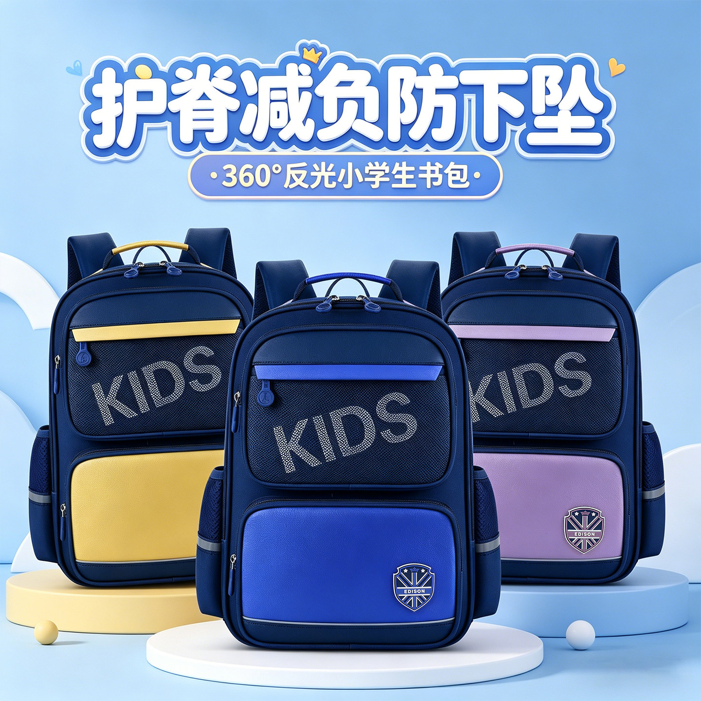 爱迪生小学生书包护脊防下坠反光防泼水1-6年级校园儿童双肩背包