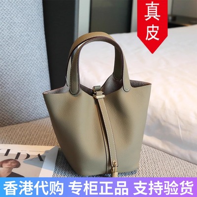 头层牛皮togo小水桶包大象灰软