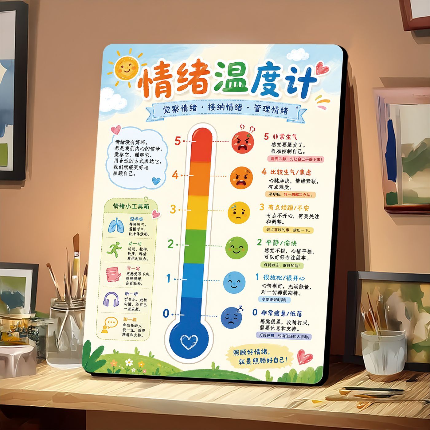 情绪温度计科普摆台心理健康教育办公室减压桌面方形装饰画
