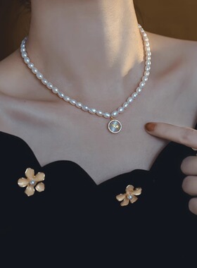 复古法式轻奢猫眼石星芒珍珠项链时尚百搭颈链高级小众设计锁骨链