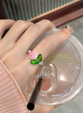 甜美小清新郁金香串珠戒指女小众设计时尚个性食指戒简约百搭配饰