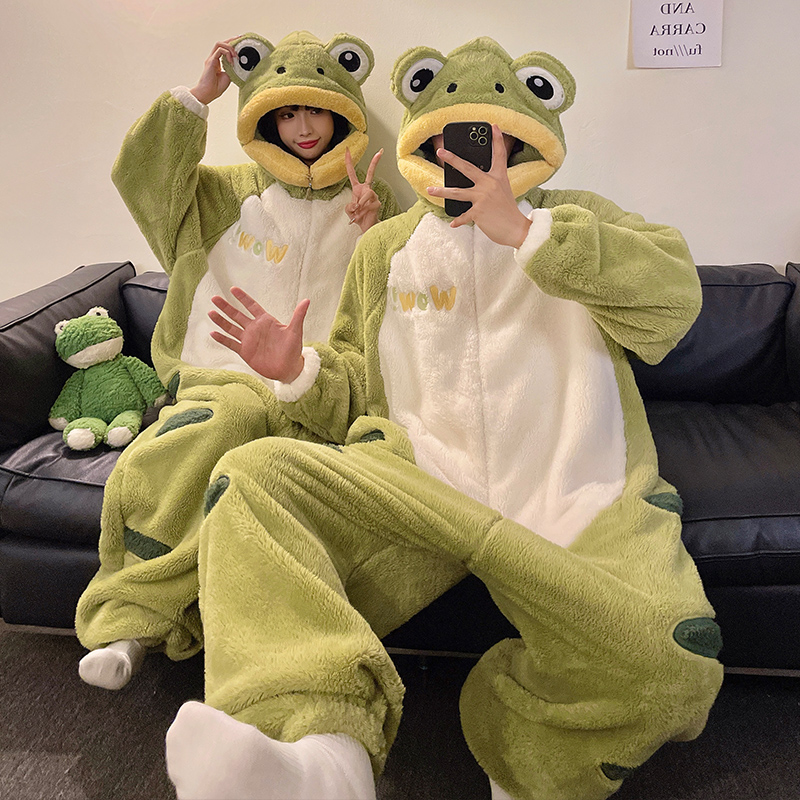 冬天可爱卡通青蛙连体睡衣男女情侣款珊瑚绒加厚保暖款家居服套装