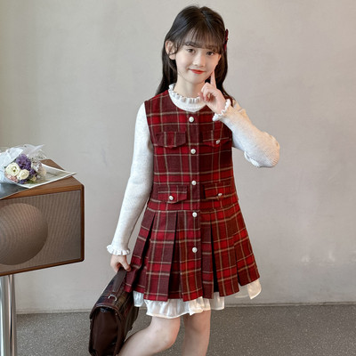 女童毛呢格子背心裙毛衣两件套潮