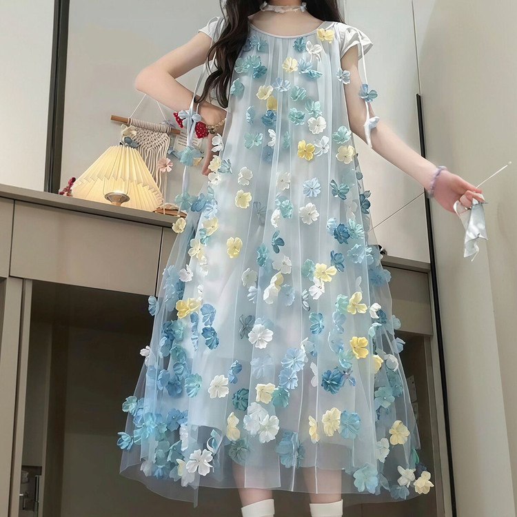 女童连衣裙夏季立体花朵纱裙洋气