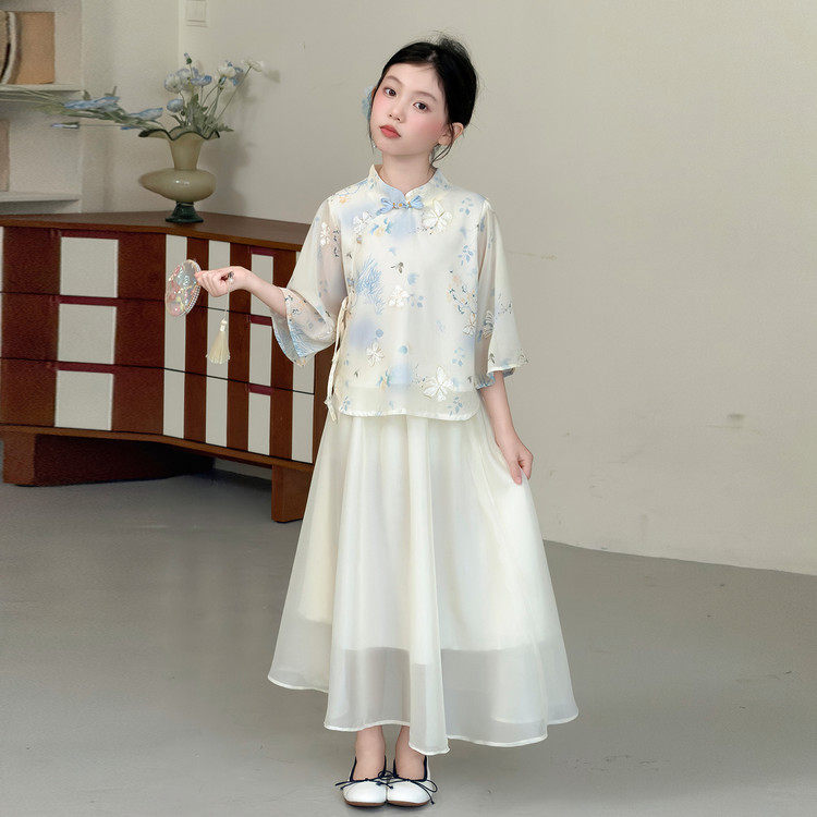 女童夏季汉服套装新中式国风古装2026新款洋气雪纺薄款大童两件套