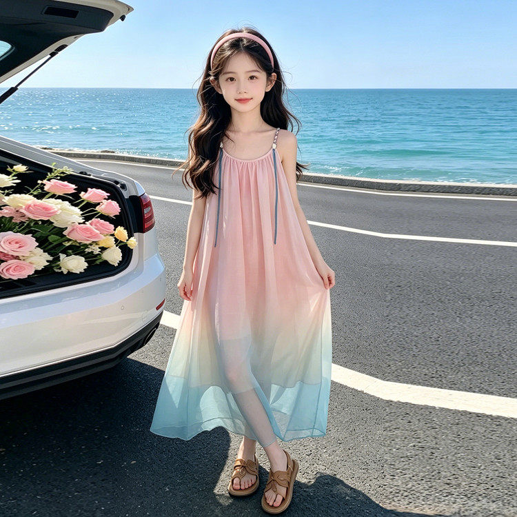 女童夏季吊带连衣裙渐变色度假风超仙沙滩裙海边穿搭长裙中大童薄