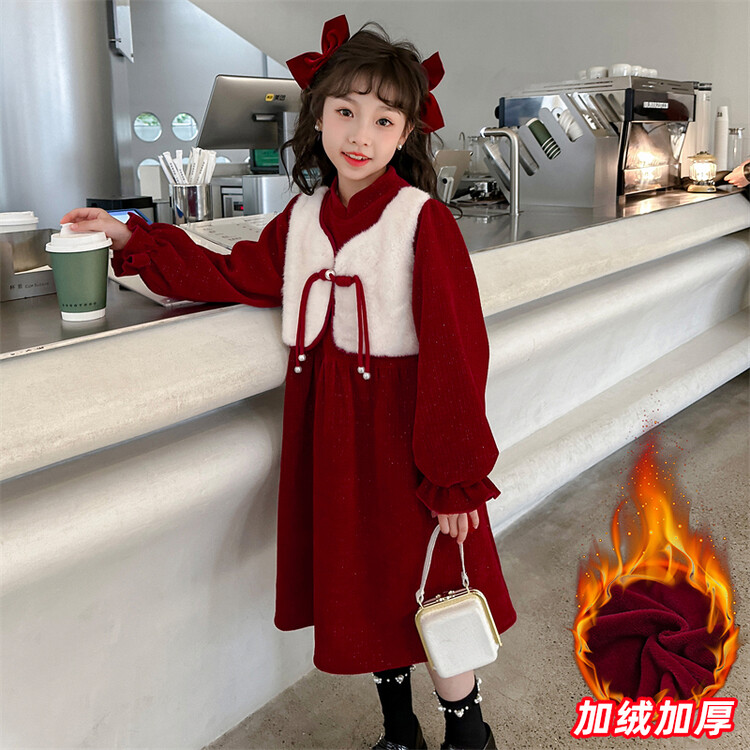 女童加绒连衣裙红色冬款年服裙子