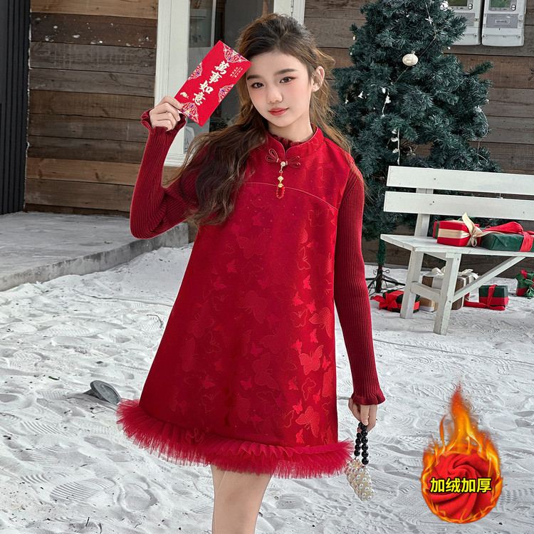 女童套装旗袍背心裙加绒加厚冬装