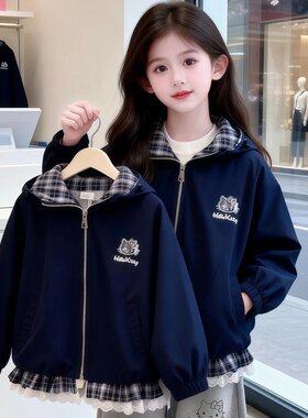 女童外套春秋款连帽夹克花边上衣
