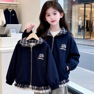 女童外套春秋款连帽休闲夹克花边洋气时尚2026新款韩版中大童上衣