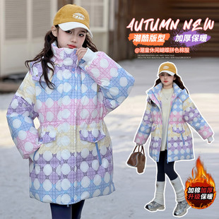女童棉衣冬季加厚保暖印花2025新款休闲洋气时髦中大童棉服中长款