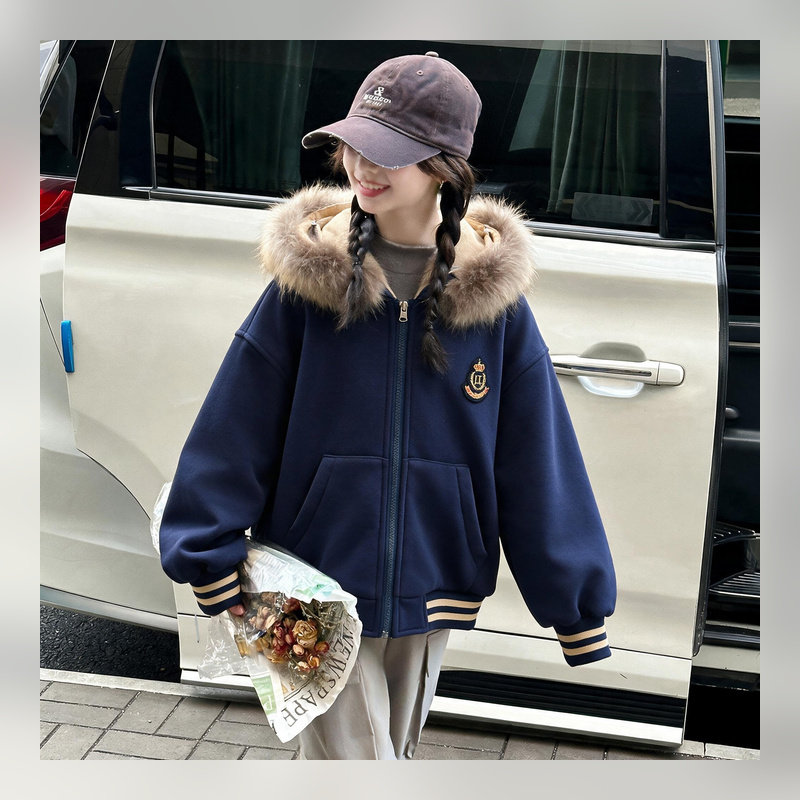 女童学院风毛领连帽卫衣外套加绒秋冬加厚拉链开衫休闲夹克中大童
