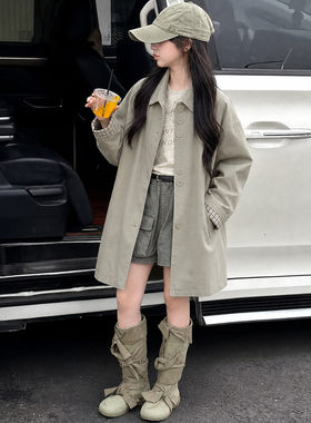 韩系翻领女童春秋中长款风衣大童
