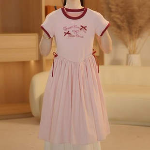 女童连衣裙短袖纯棉拼接长款裙子夏装2025新款韩版中大童薄款长裙
