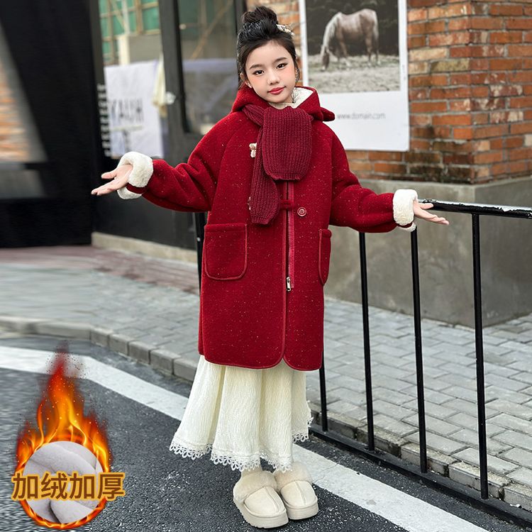 女童呢大衣外套加绒加厚红色年服
