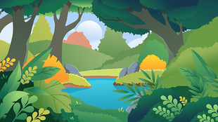 风景树木池塘森林插画绘画图层手绘原画高清LED大屏幕舞台背景图