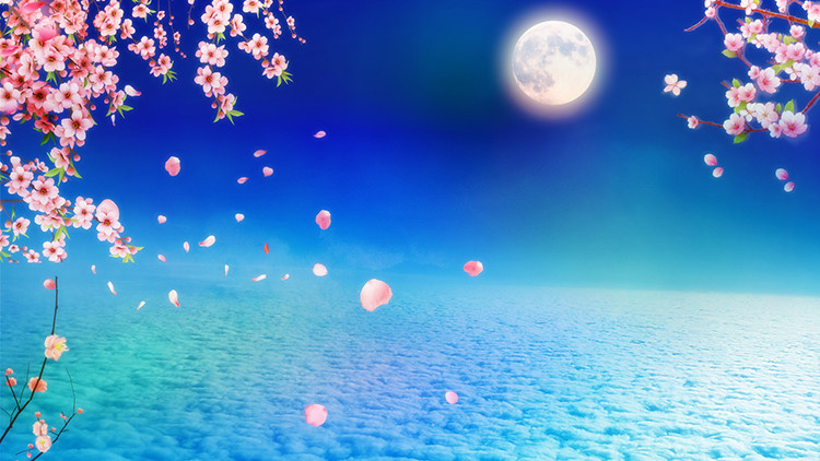 蓝色夜空桃花月色月亮唯美云彩高清led大屏幕舞台背景静态图片